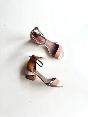 MAIYET Tan White Gold Colorblock Studded Stacked Block Heel Sandals, Size 39